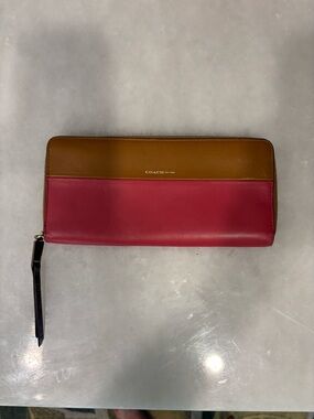 Coach Two-Tone Leather Zip Wallet in Brown & Raspberry